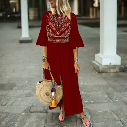 Bohemian Vintage Print Dress v Neck Ruffle Sleeve Split Maxi Long Dress