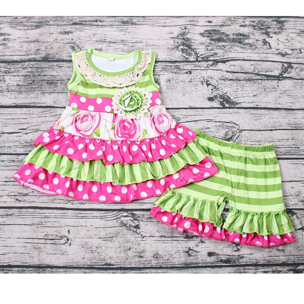 Flower Summer Pocket Ruffle Top and Shorts Set light green pink