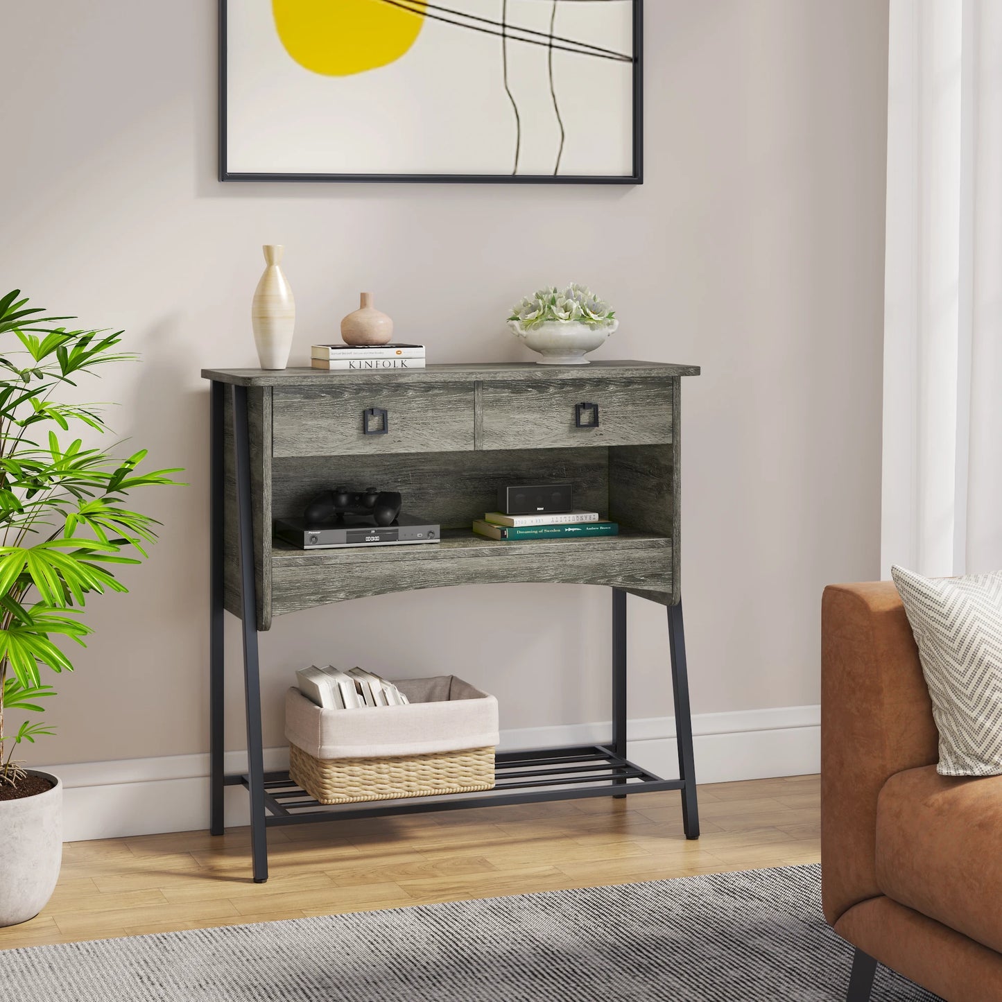 Console Table With Storage Drawers and Shelf