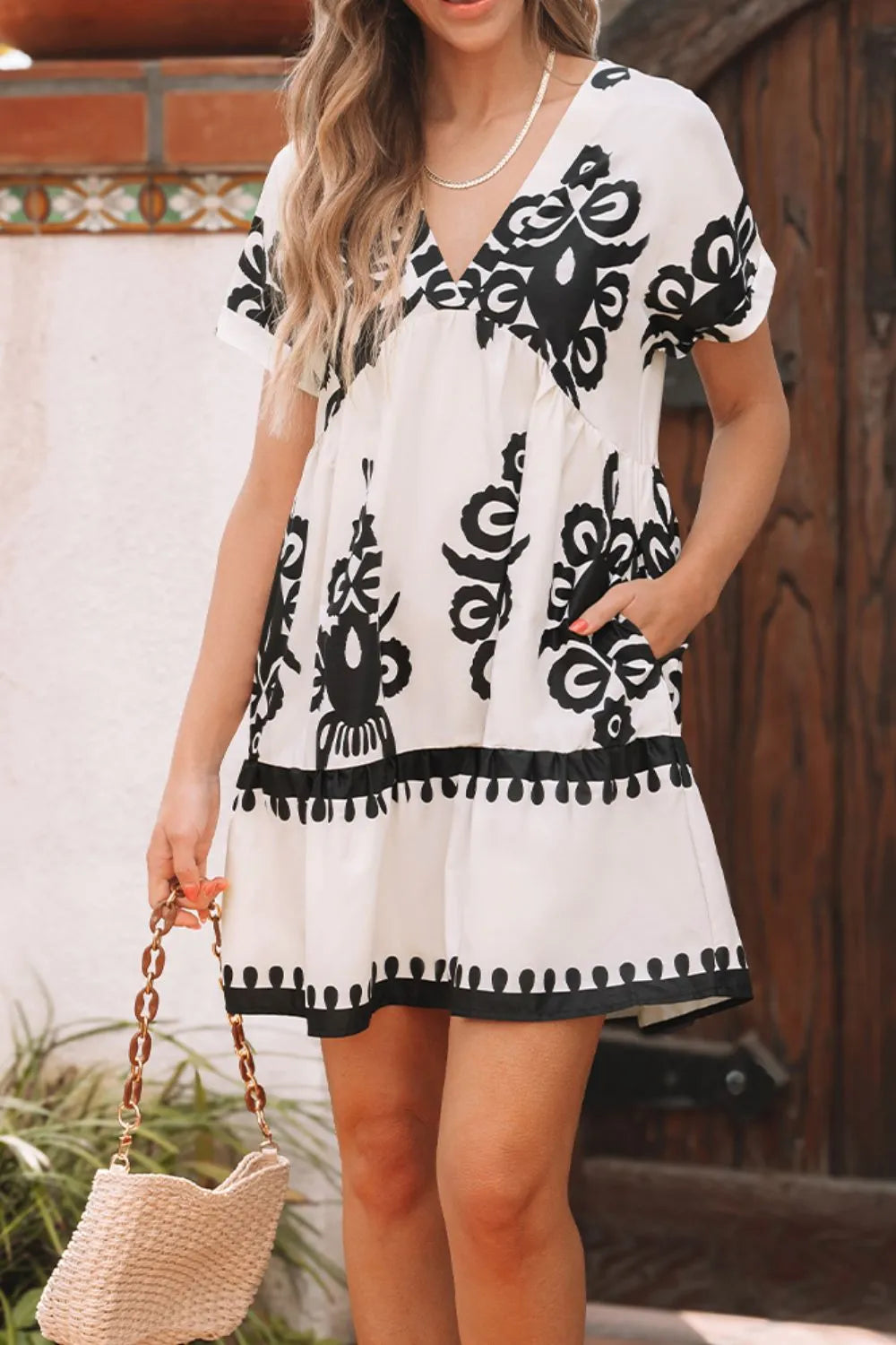 Printed V-Neck Short Sleeve Dress - -