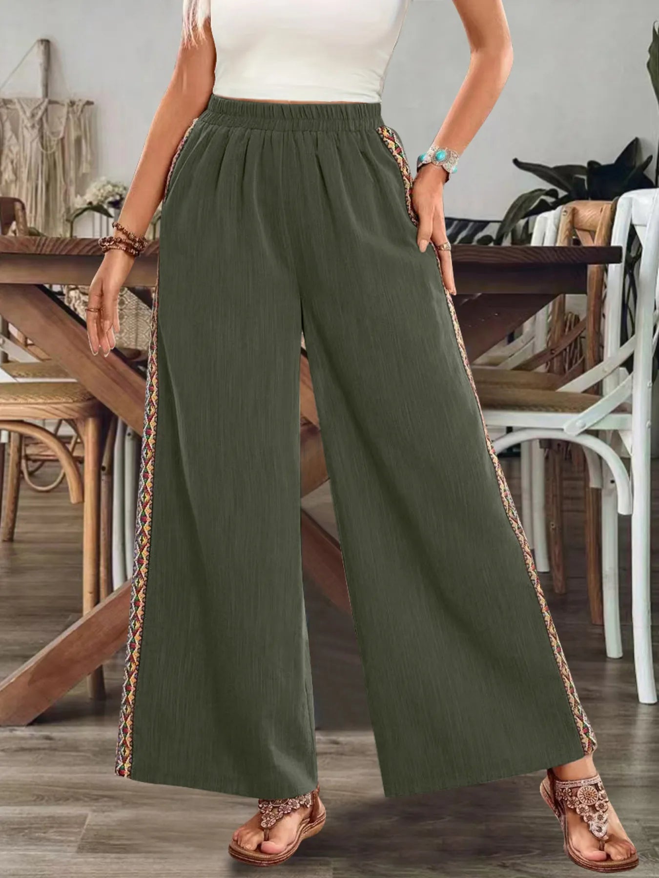 Bohemian Wide Leg Embroidered Side Stripe Pants - Army Green -