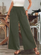 Bohemian Wide Leg Embroidered Side Stripe Pants - Army Green -