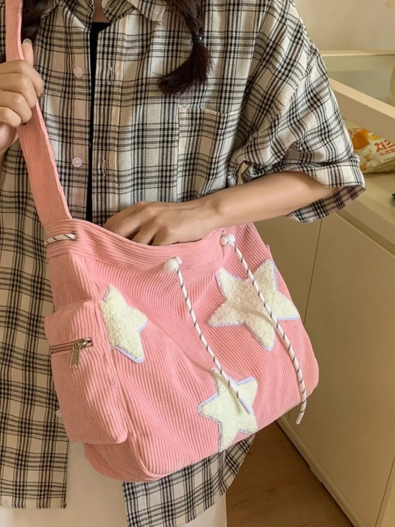 Corduroy Star Applique Casual Crossbody Bag - -