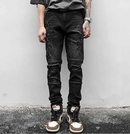 Distressed Splatter Denim Jeans - - jeans