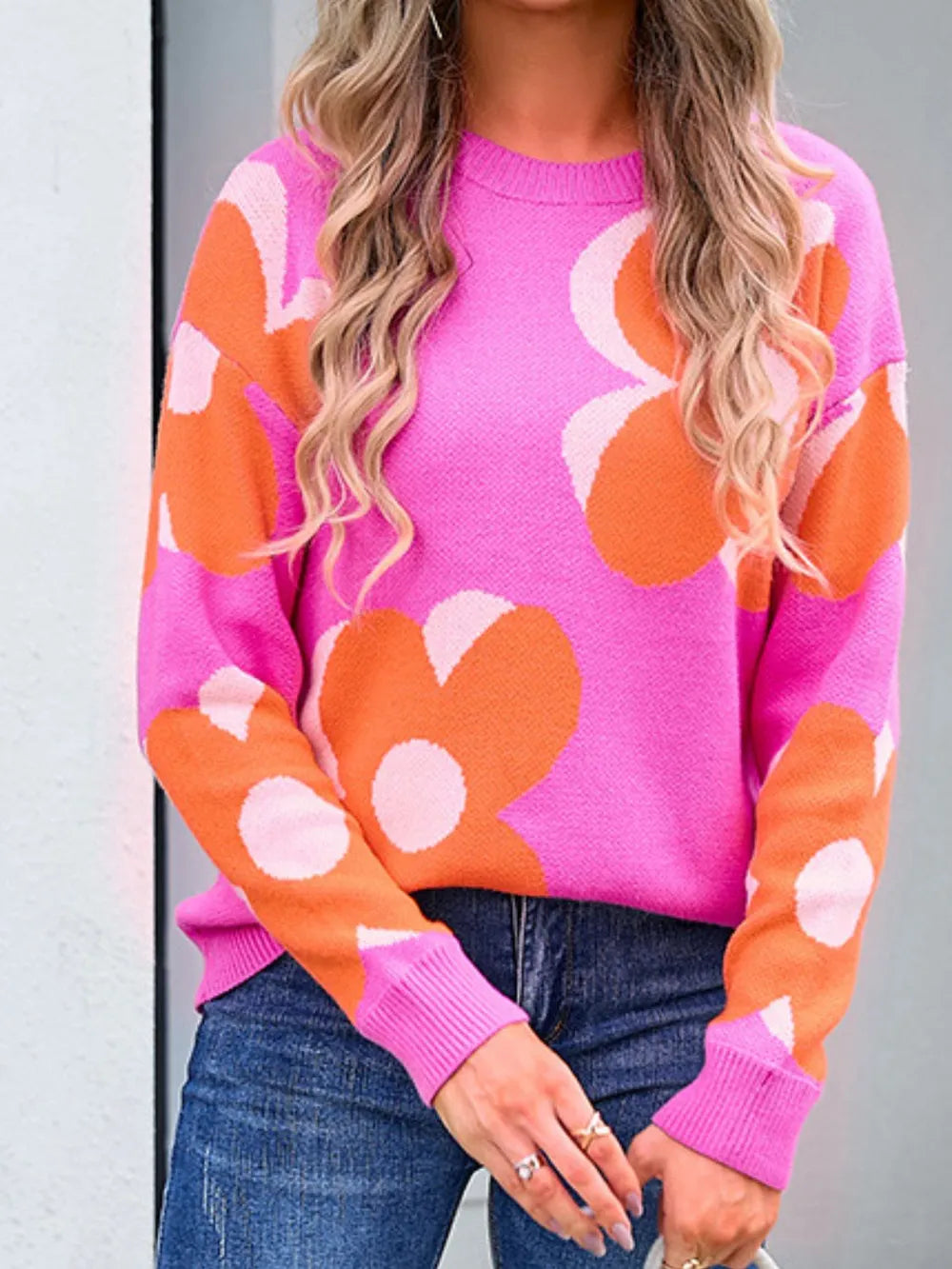 Angel Wings Flower Round Neck Long Sleeve Sweater - Fuchsia Pink -