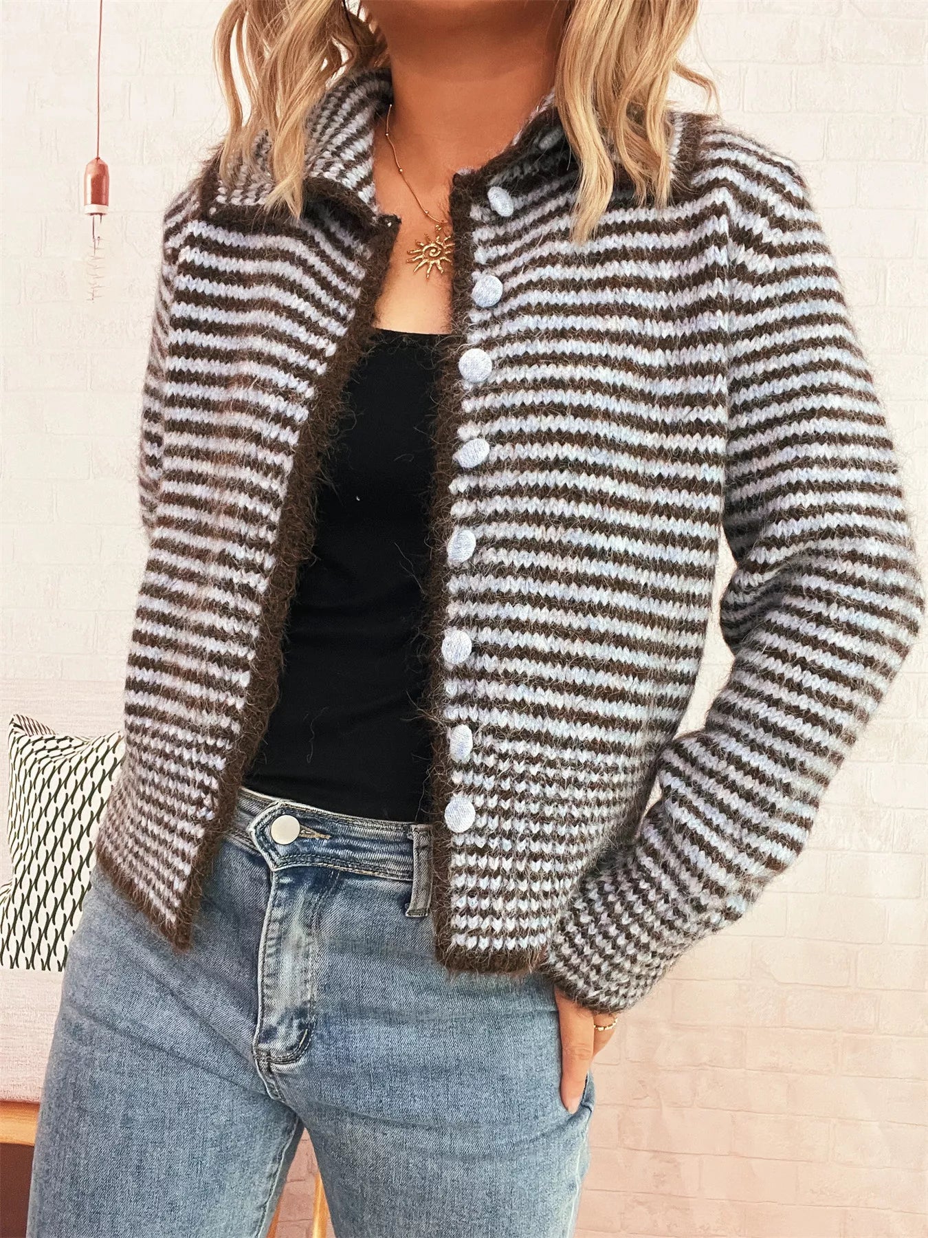 Striped Button-Up Long Sleeve Cardigan - -