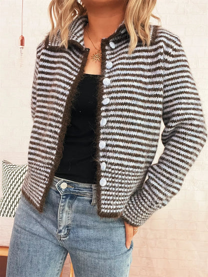 Striped Button-Up Long Sleeve Cardigan - -