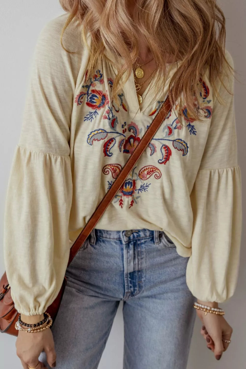 Embroidered Notched Long Sleeve Blouse - -