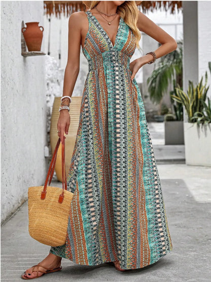 Tied Back Printed Sleeveless Maxi Slit Dress - -