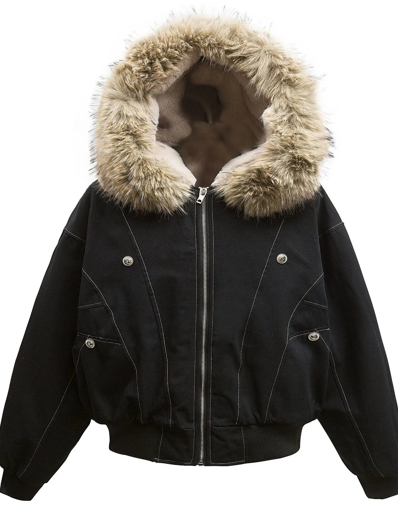 Men's Faux Fur Hooded Zip Up Jacket - Black -