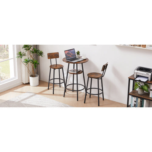 Rustic Brown Round Bar Stool Set with Shelves - - dining set