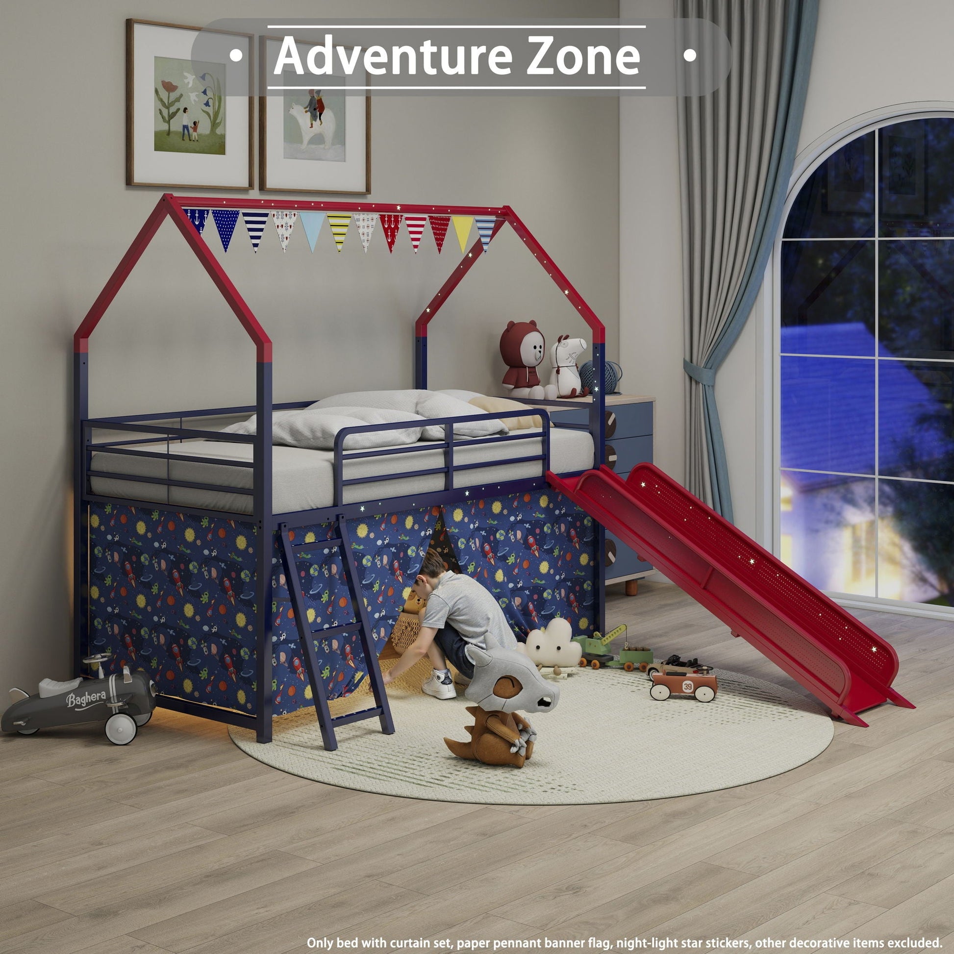Jack - House Loft Bed With Slide And Curtain Set- HouseOfZazla- {{Product type}}