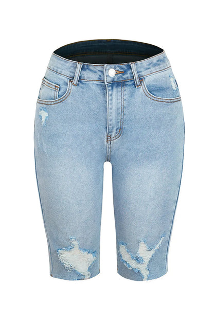 Distressed Pocketed Denim Shorts - -