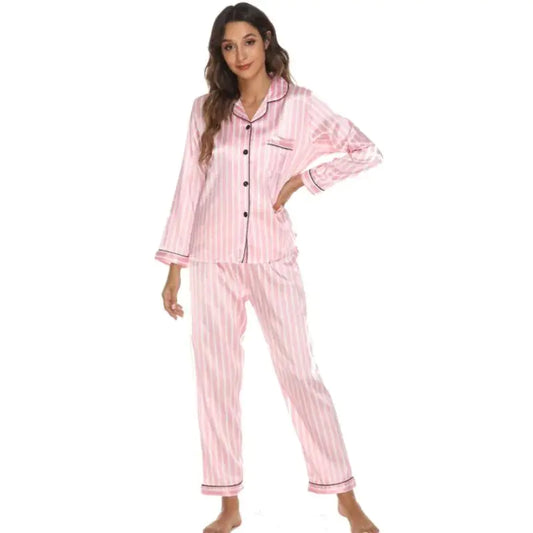 Two Piece Set Pajamas for Women Striped Satin Silk Sleepwear