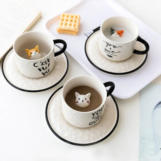 Cute Cat Relief Ceramic Mugs - - mug