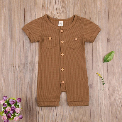 Solid Color Short Sleeve Round Neck Button Baby Playsuit Kia Day Design