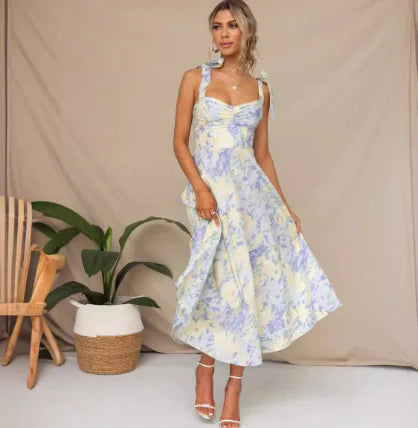 Blue Floral Print Midi Dress with Tied Shoulders - Kia Day Design