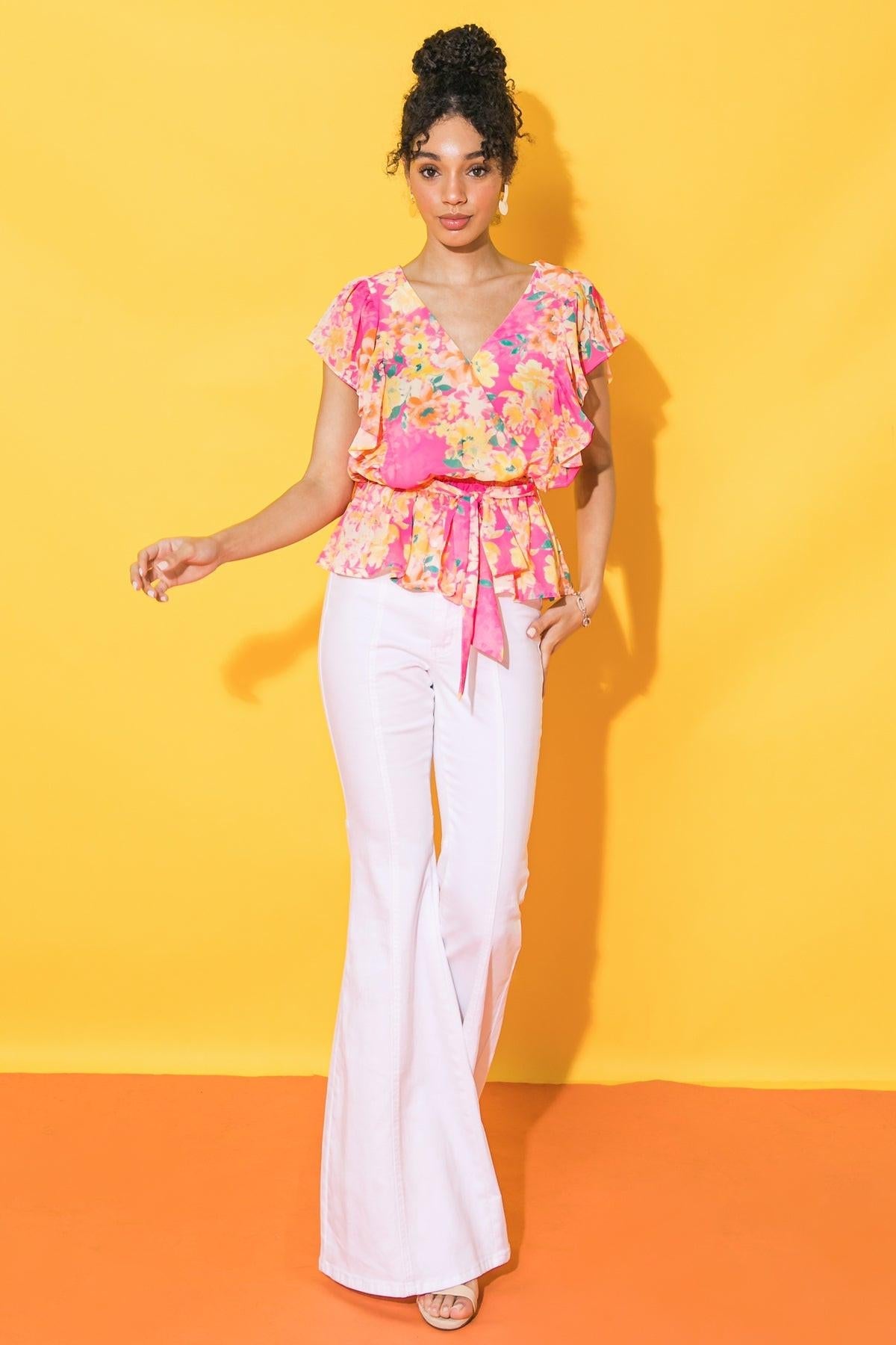 FADED VIEW WOVEN TOP - PINK - TOPS