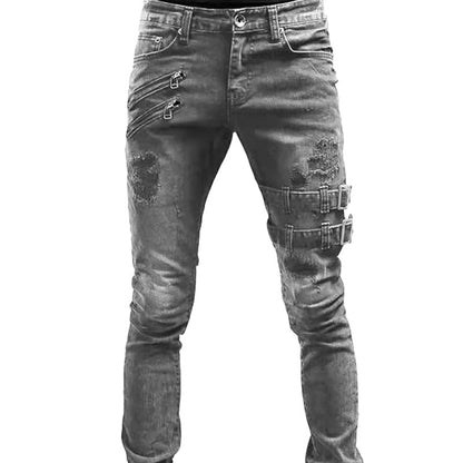 Custom Fit Distressed Moto Jeans - Gray L - jeans