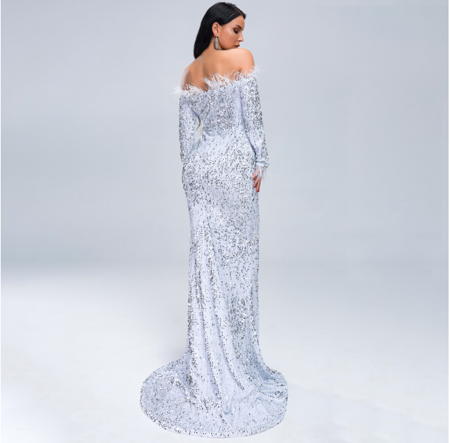 Starlit Sequin Feather Gown - - dress