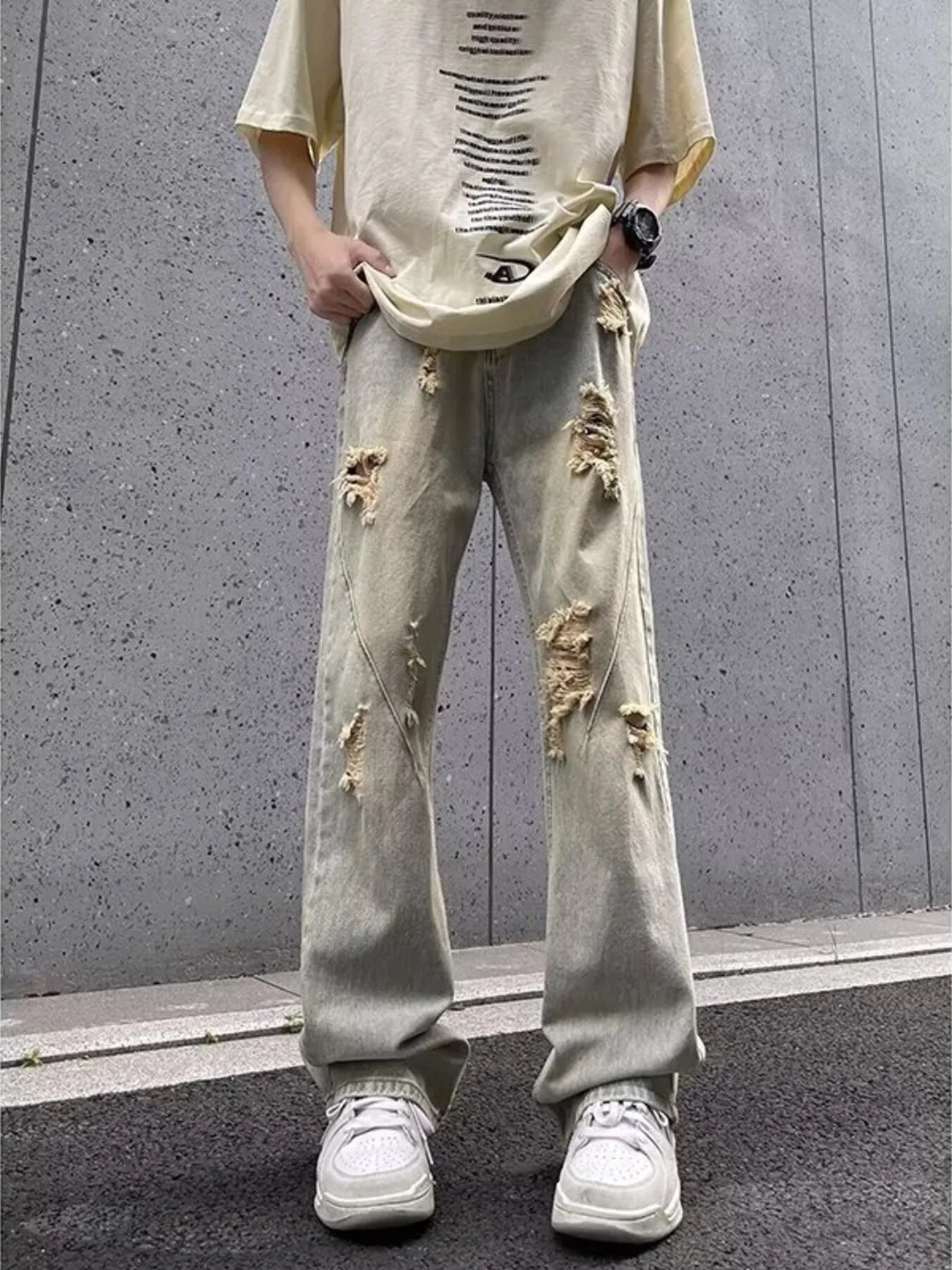Men's Full Size Ripped Distressed Straight Leg Jeans Plus Size - Yellow Mud Color -