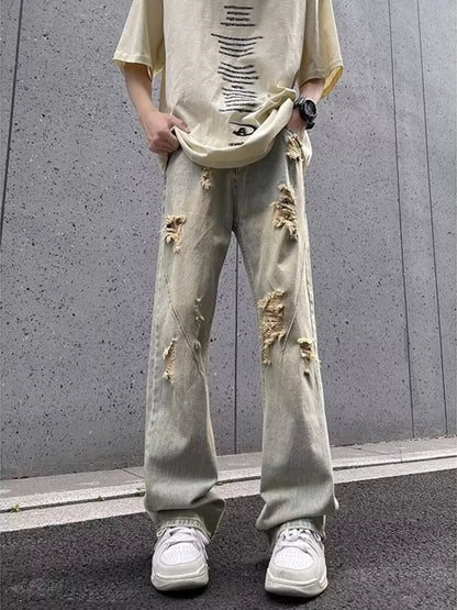 Men's Full Size Ripped Distressed Straight Leg Jeans Plus Size - Yellow Mud Color -
