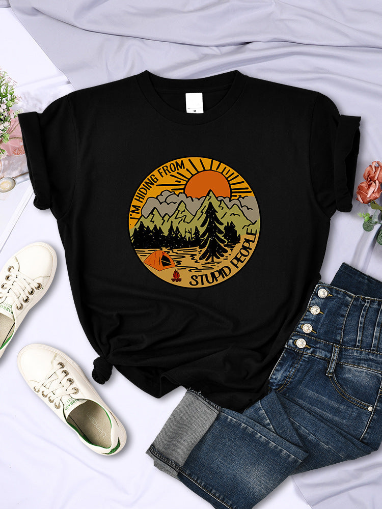 I'm Hiding From Stupid People Camping Scenery Women's Tops Hip-hop Fashion Street See size chart under “more details” - - Tops
