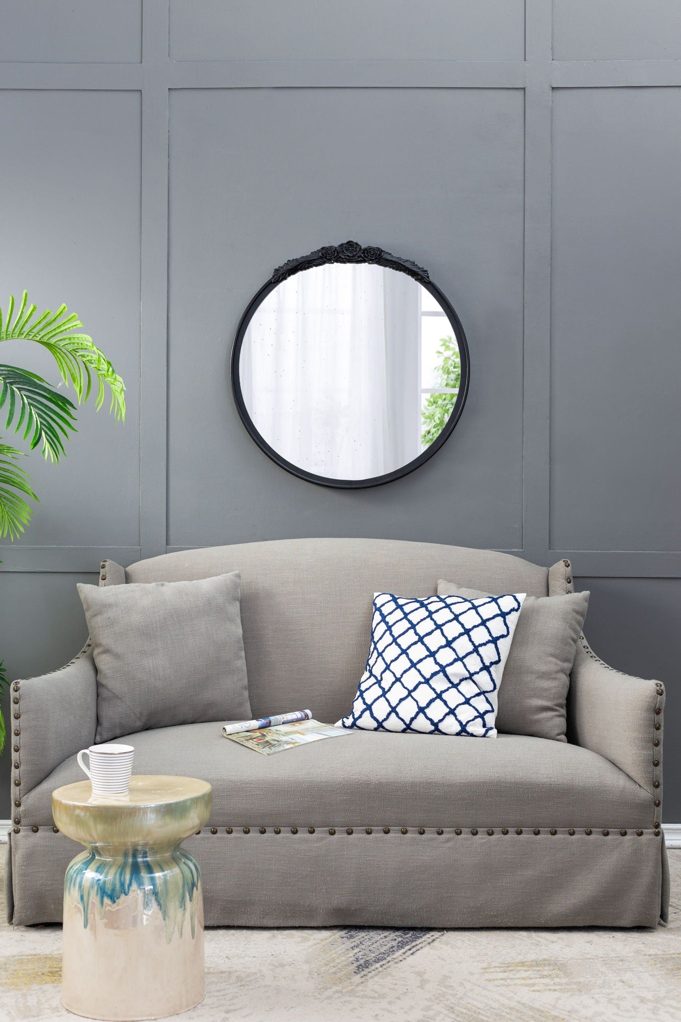 Round Hand Carved Rose Antique Mirror Frame, Wall Mirror For Live Space - - Wall Mirrors