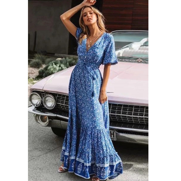 Large Swing V-Neck Dress Lace-Up Print Long Dress Women