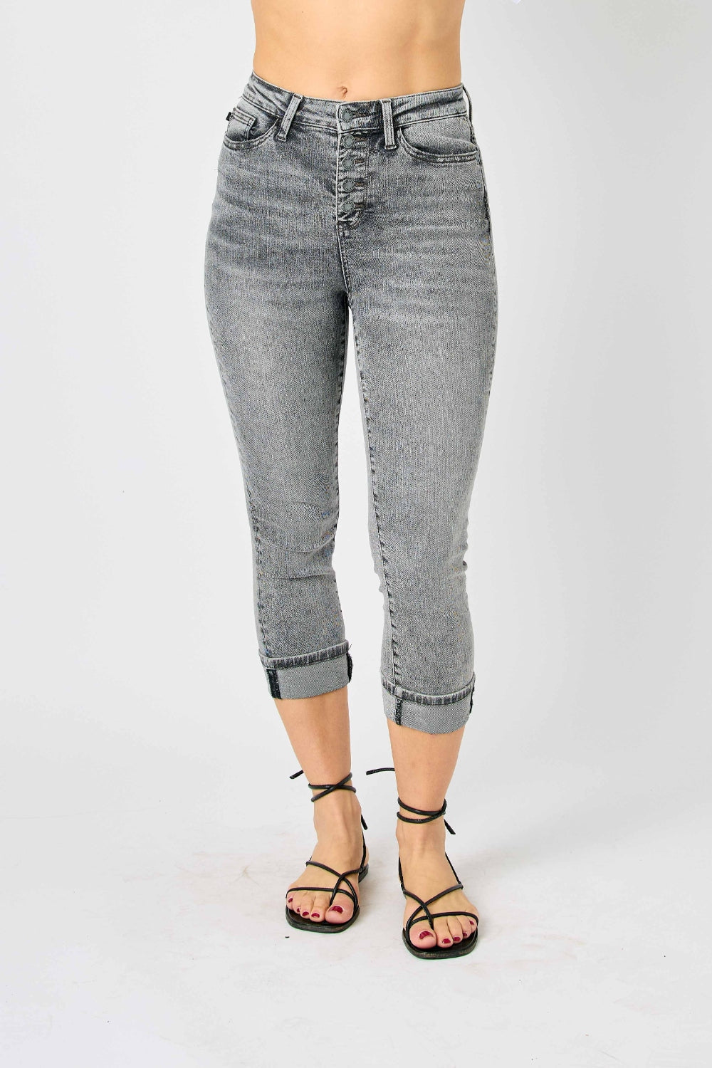 Judy Blue Sasha High Waist Cuffed Button Fly Gray Denim Capri Jeans - - jeans