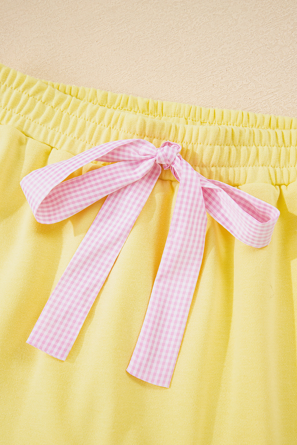 Yellow Cream Plaid Ruffled Patchwork Drop Shoulder Pullover and Drawstring Elastic Waist Shorts Matching Set- Wild and Free Boutique- {{Product type}}