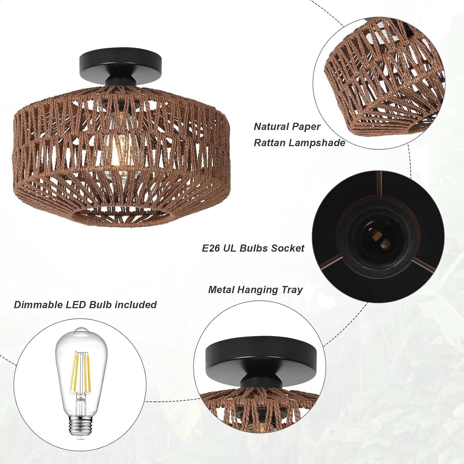 Dark Brown Hand Woven Rattan Ceiling Light With Dimmable LED - -