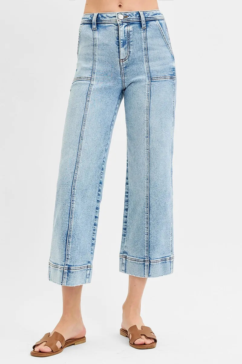 RISEN High Rise Crop Wide Front Seam Detailed Jeans - - jeans