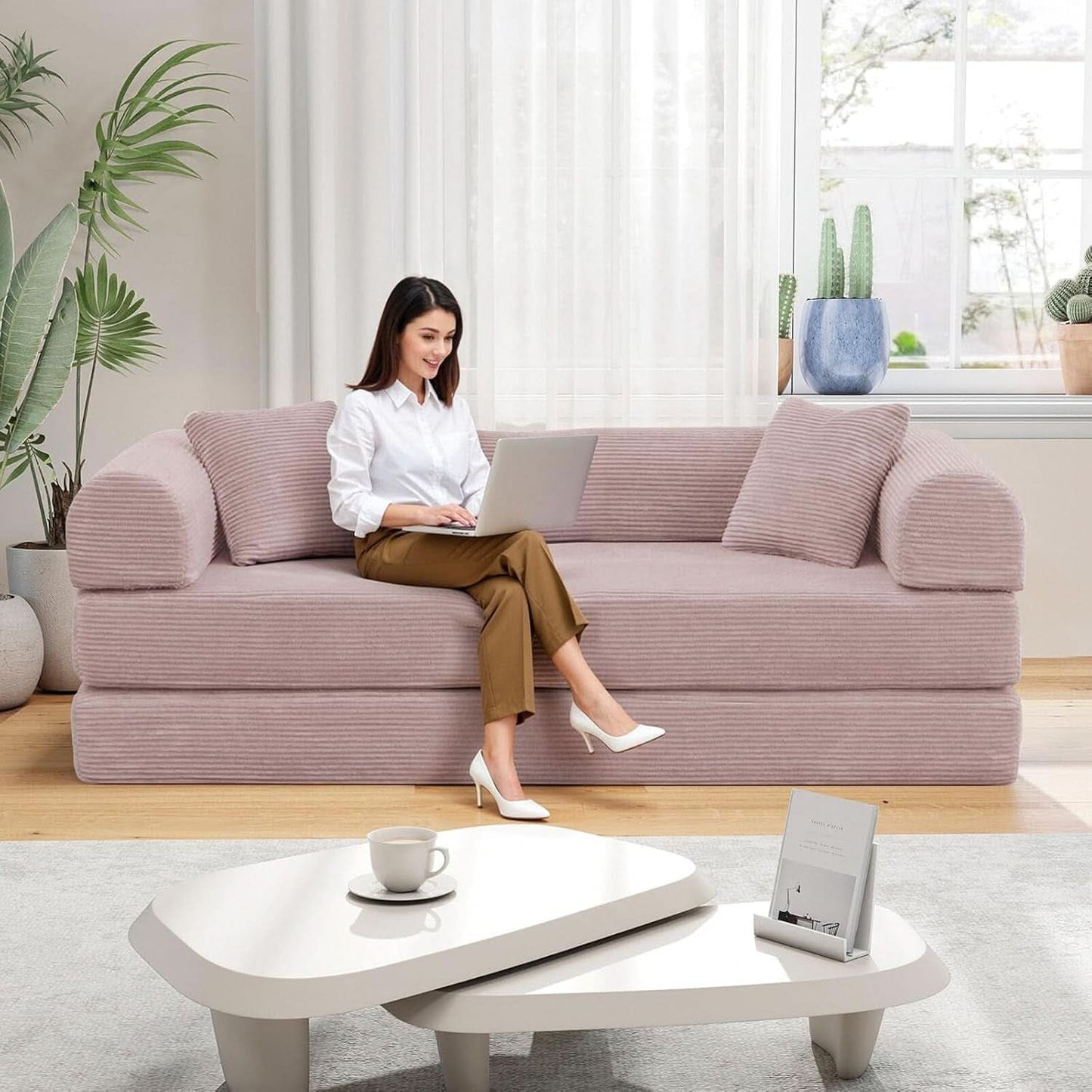 Transformable Sofa Bed QueenSize Pink Folding Frame- ShipItFurniture- {{Product type}}
