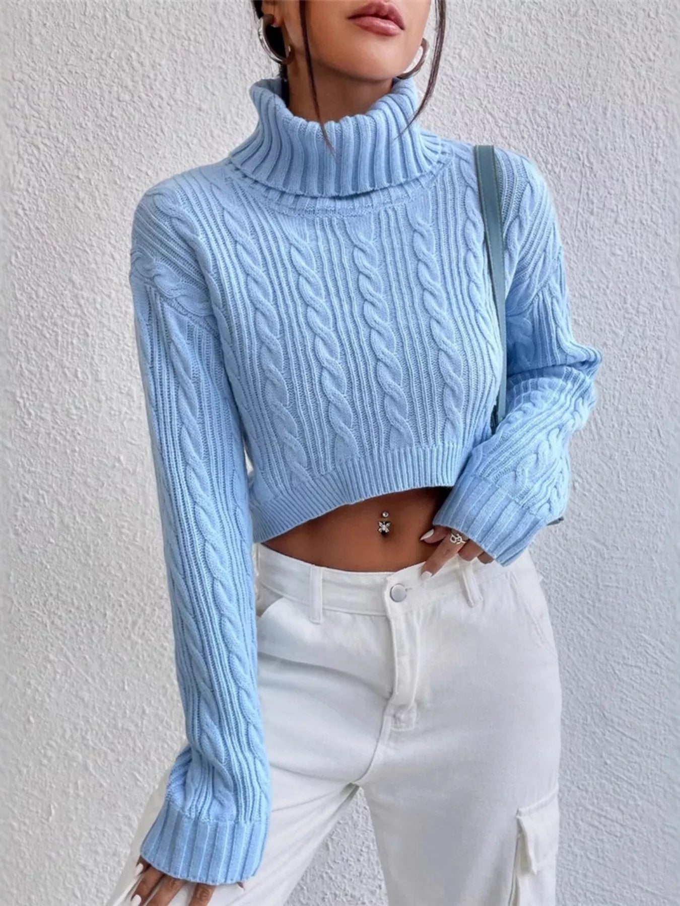 Cable-Knit Turtleneck Long Sleeve Sweater - -