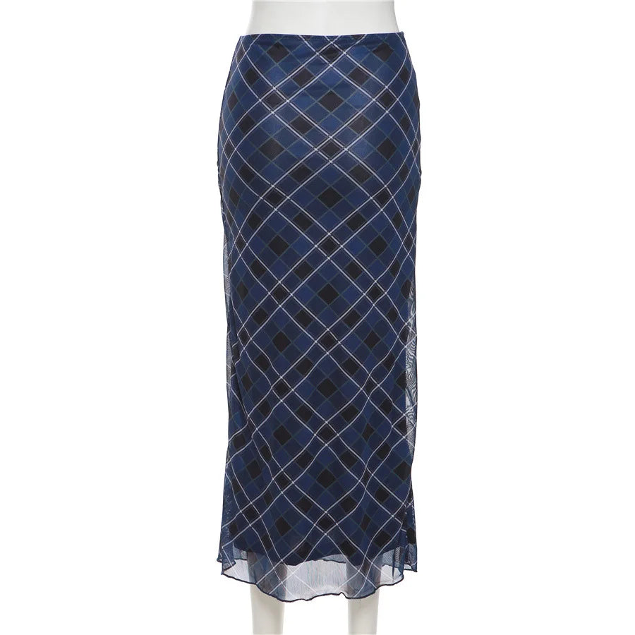 Plaid Midi Skirts High Waist Slim Tie Up Casual Long Skirt Women