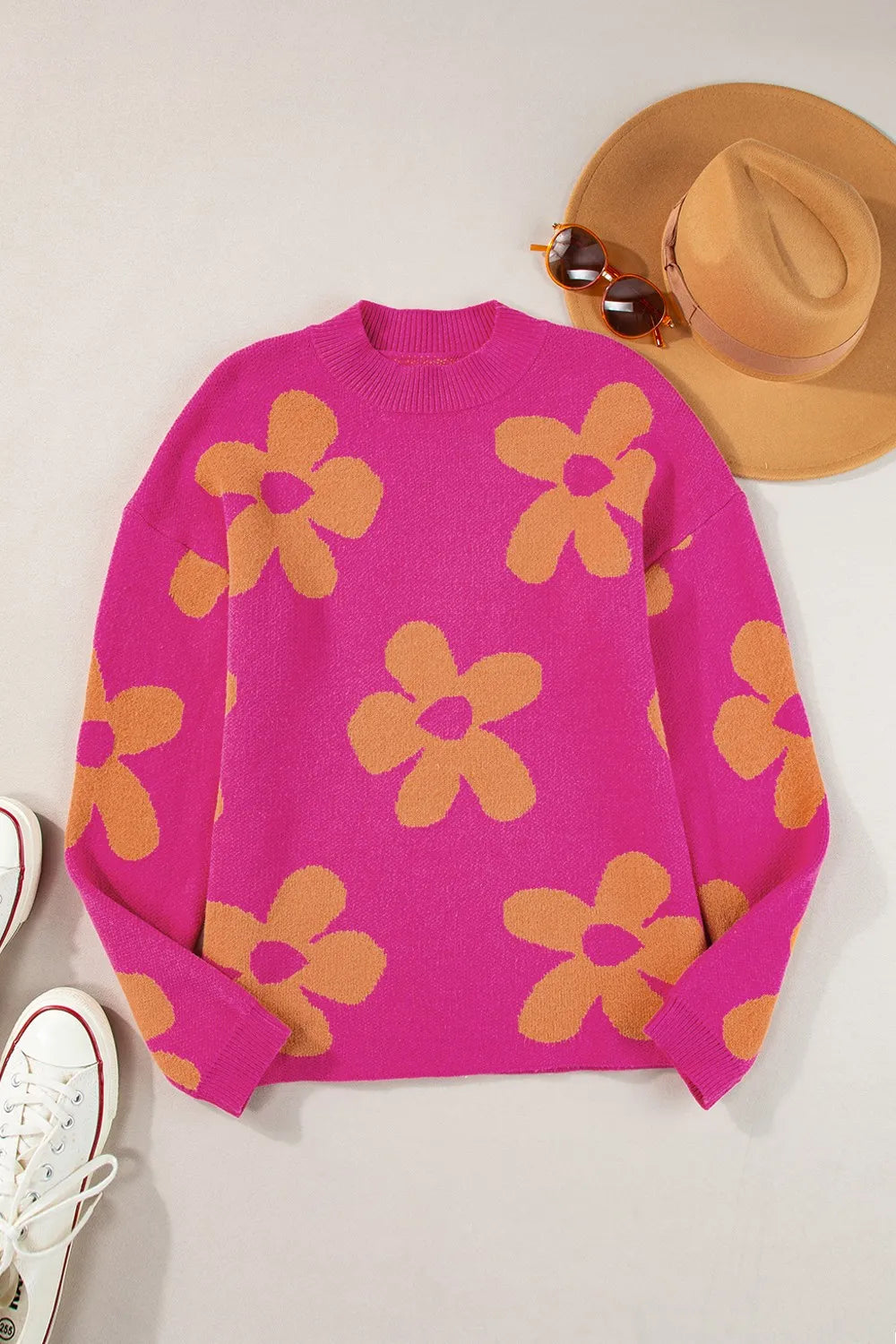Flower Round Neck Long Sleeve Sweater - -