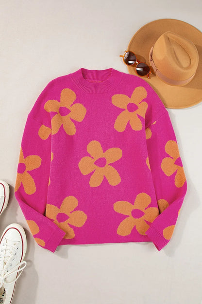 Flower Round Neck Long Sleeve Sweater - -