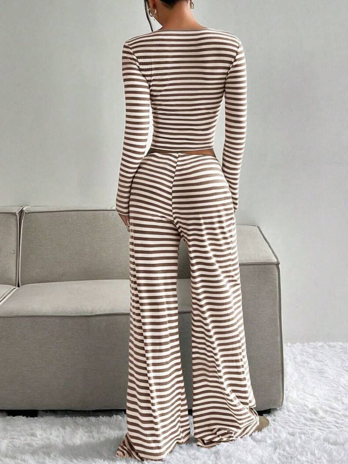 Striped Long Sleeve Crop Top & Wide Leg Pants Set- Shopimist- {{Product type}}