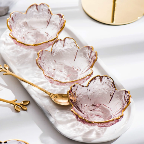 Nordic Gold Inlay Glass Sauce Bowl with Cherry Blossoms - -