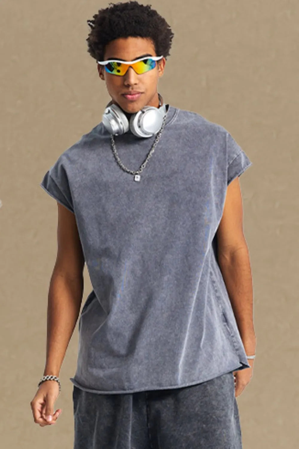 Men's Washed Round Neck Tank - -