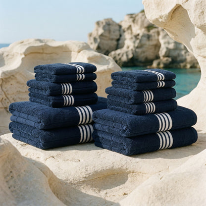 Nautilus Australian Cotton Towels - Navy & White Family Set (Set of 12 with Bath Towels) - Home - Bath