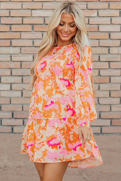 Orange Abstract Print Smocked Lantern Sleeve Ruffle Mini Dress - - Dresses/Mini Dresses