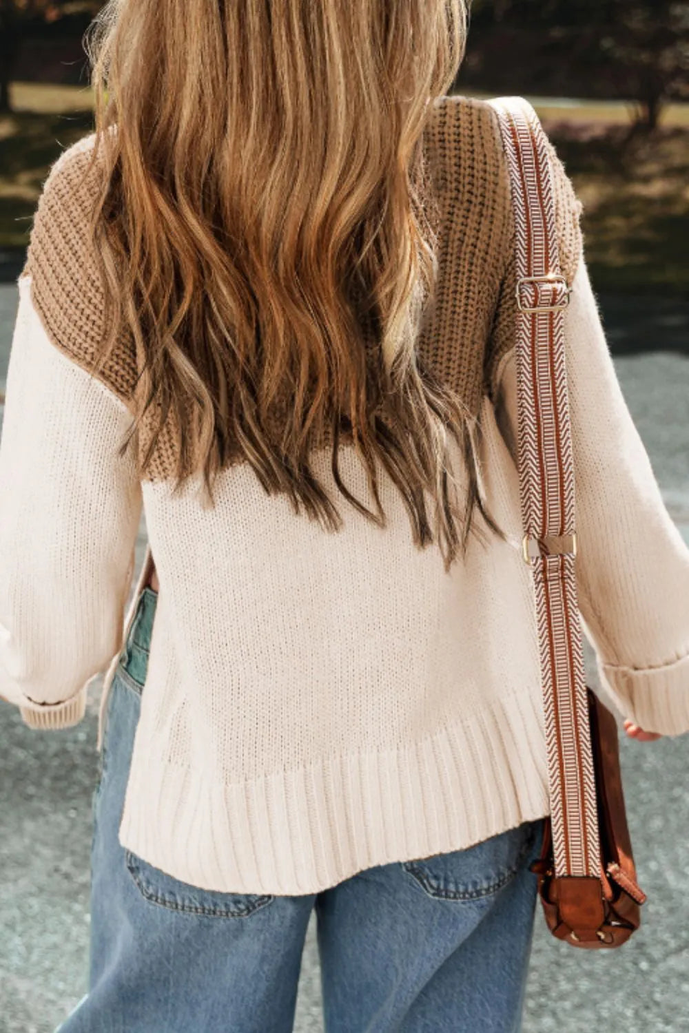 Slit Color Block Turtleneck Long Sleeve Sweater - -