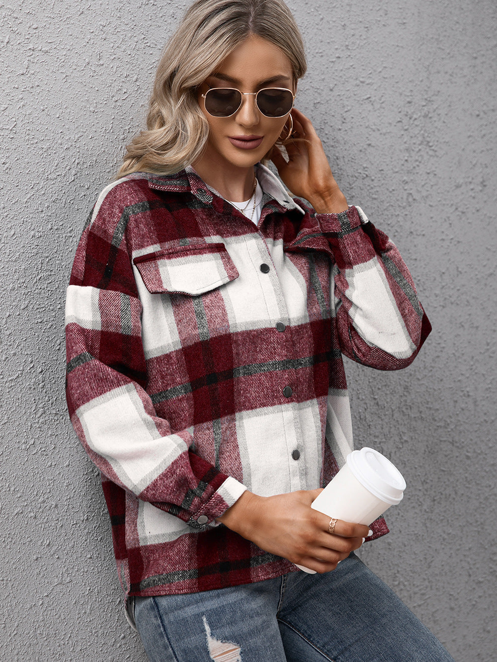 Ivy Lane Plaid Long Sleeve Shirt Jacket - -
