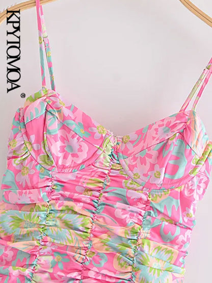 Floral Print Pleated Mini Dress - - dress