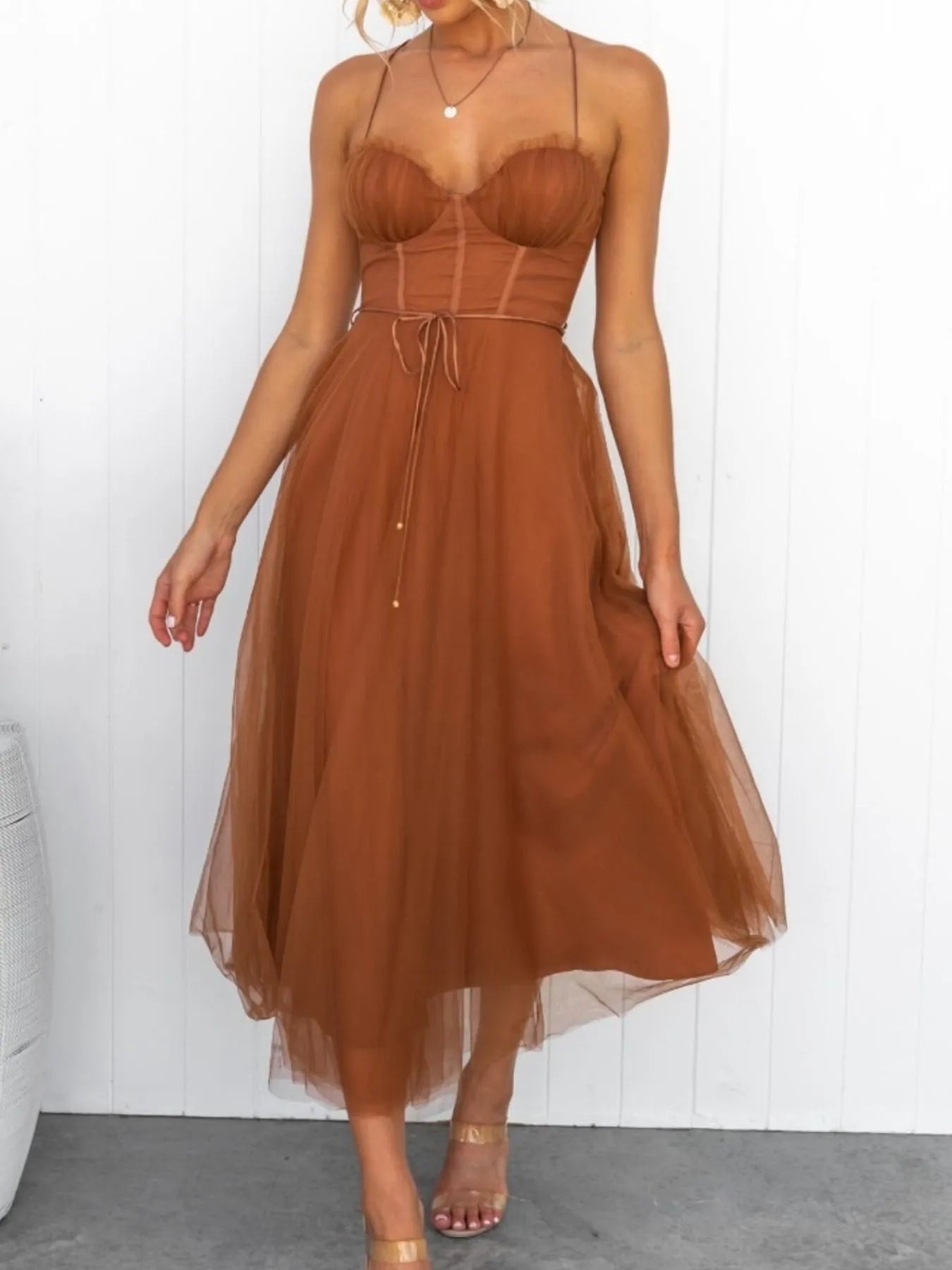 Sweetheart Neck Tulle Midi Dress - -