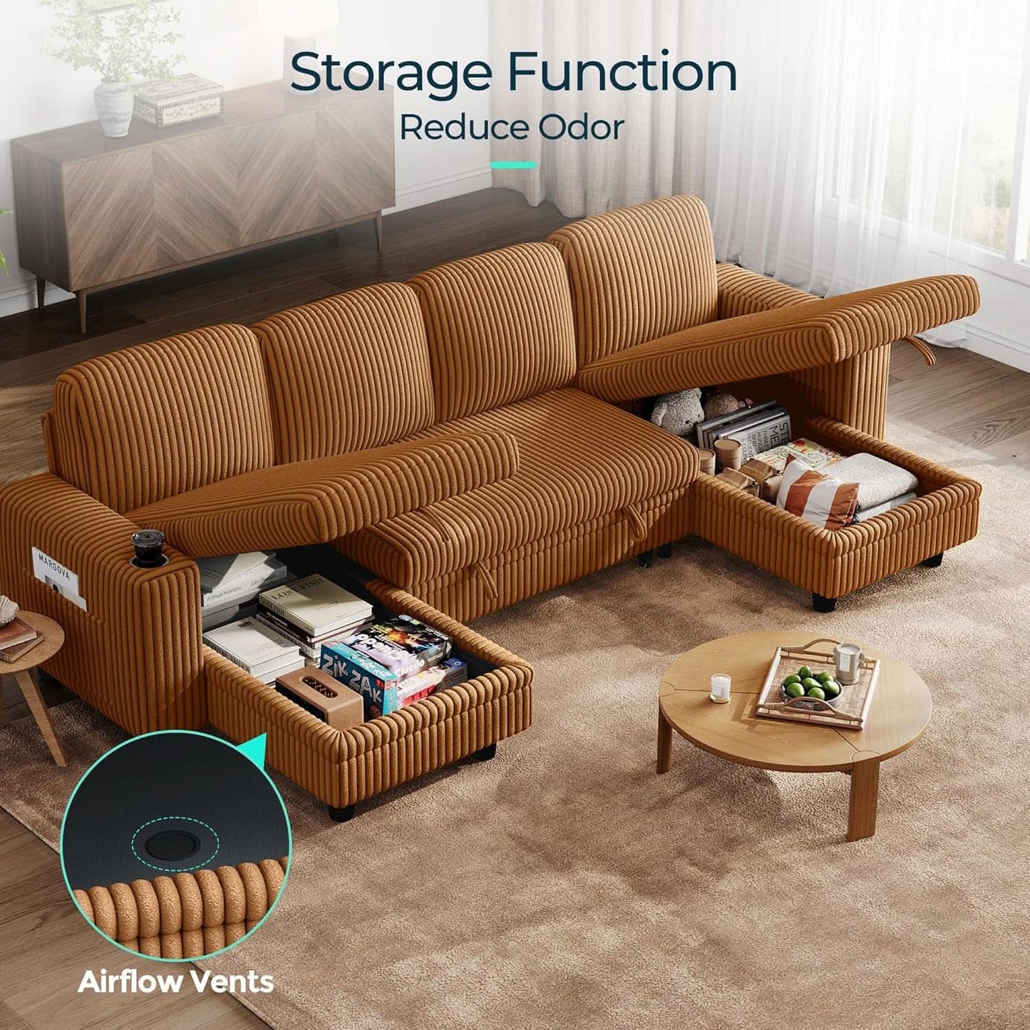 Brown UShaped Convertible Sectional Sofa Bed USBPort- ShipItFurniture- {{Product type}}
