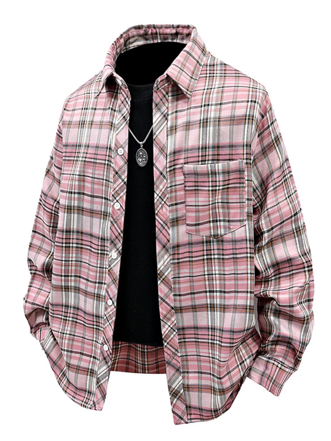 Men's Full Size Casual Plaid Long Sleeve Shirt Plus Size - Pink -
