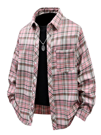 Men's Full Size Casual Plaid Long Sleeve Shirt Plus Size - Pink -
